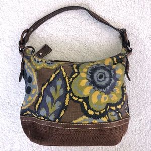 Fossil shoulder bag floral print fabric with leather trim blue & yellow purse